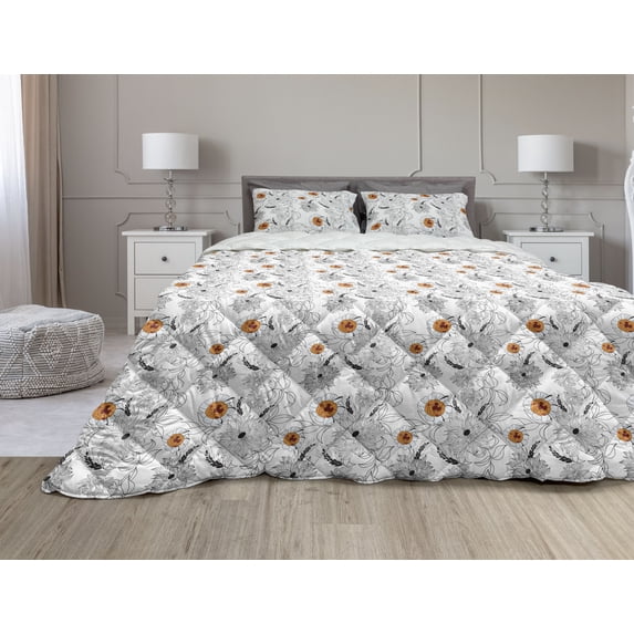 Floral Comforter & Sham Bedding Set, Simplistic Flower Petals Nature Beauty Florets Growth Illustration, 3 pcs Duvet Set Microfiber Filling Quilt, 5 Sizes, Pale Blue Orange, by Ambesonne