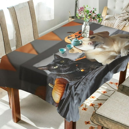 

WOBOGO Halloween Dog and Cat Square Tablecloth 60×90in Polyester Fabric Tablecloth Washable Dust Resistant Wrinkle Resistant