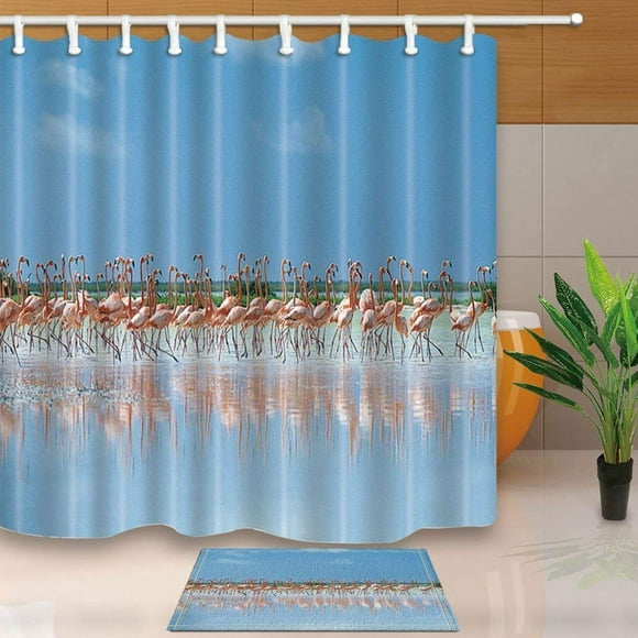 RYLABLUE Tropical Bird Decor Pink Flamingo Birds Dancing by the Sea Shower Curtain 66x72 inches with Floor Doormat Bath Rugs 15.7x23.6 inches