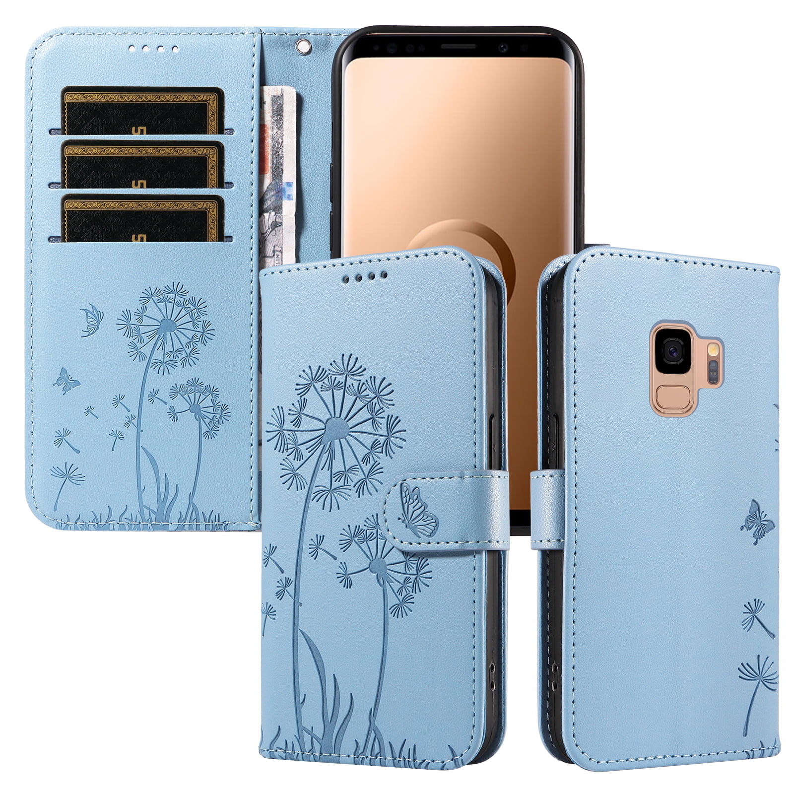 Flip Phone Case for Samsung Galaxy S9, Card Holder and Kickstand, Shockproof and Scratch Resistant, Sky Blue