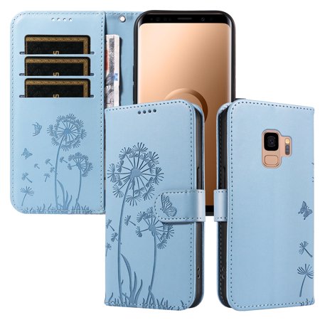 Flip Phone Case for Samsung Galaxy S9, Card Holder and Kickstand, Shockproof and Scratch Resistant, Sky Blue