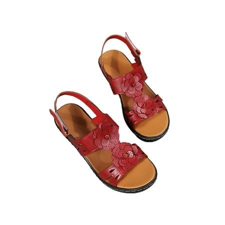 

Sanviglor Women Wedge Sandals Hollow Out Casual Shoes Summer Roman Sandal Outdoor Anti-Slip Breathable Flats Lightweight Peep Toe Wedges Red 5