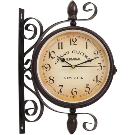 Vintage Wall Clock Double Sided Decorative Terminal Silent Brown | Iron Antique Unique Industrial Retro Iron Frame Battery Operated Smooth Sweep Wall Mounted Cafe