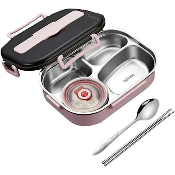 Xiao Hua Fiambrera de acero inoxidable 304 a prueba de fugas, lonchera, contenedor de almuerzo de metal, 4 compartimentos, gran capacidad de 1,2 L, con vajilla para niños y adultos (rosa)