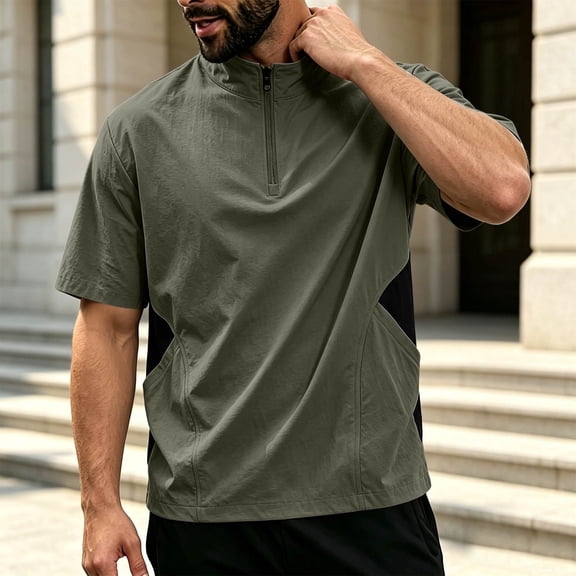 Wovilon Men's Quarter-Zip Short Sleeve Athletic Shirt with Side Color Block Panels, Lightweight Stand Collar Moisture-Wicking Performance Wear for Summer Gym and Outdoor Workouts