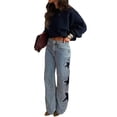 thumbnail image 3 of Women'S Jeans High Waisted Fashion Casual Star Denim Loose Wide Leg Straight Leg Bootcut Pants Blue L, 3 of 9