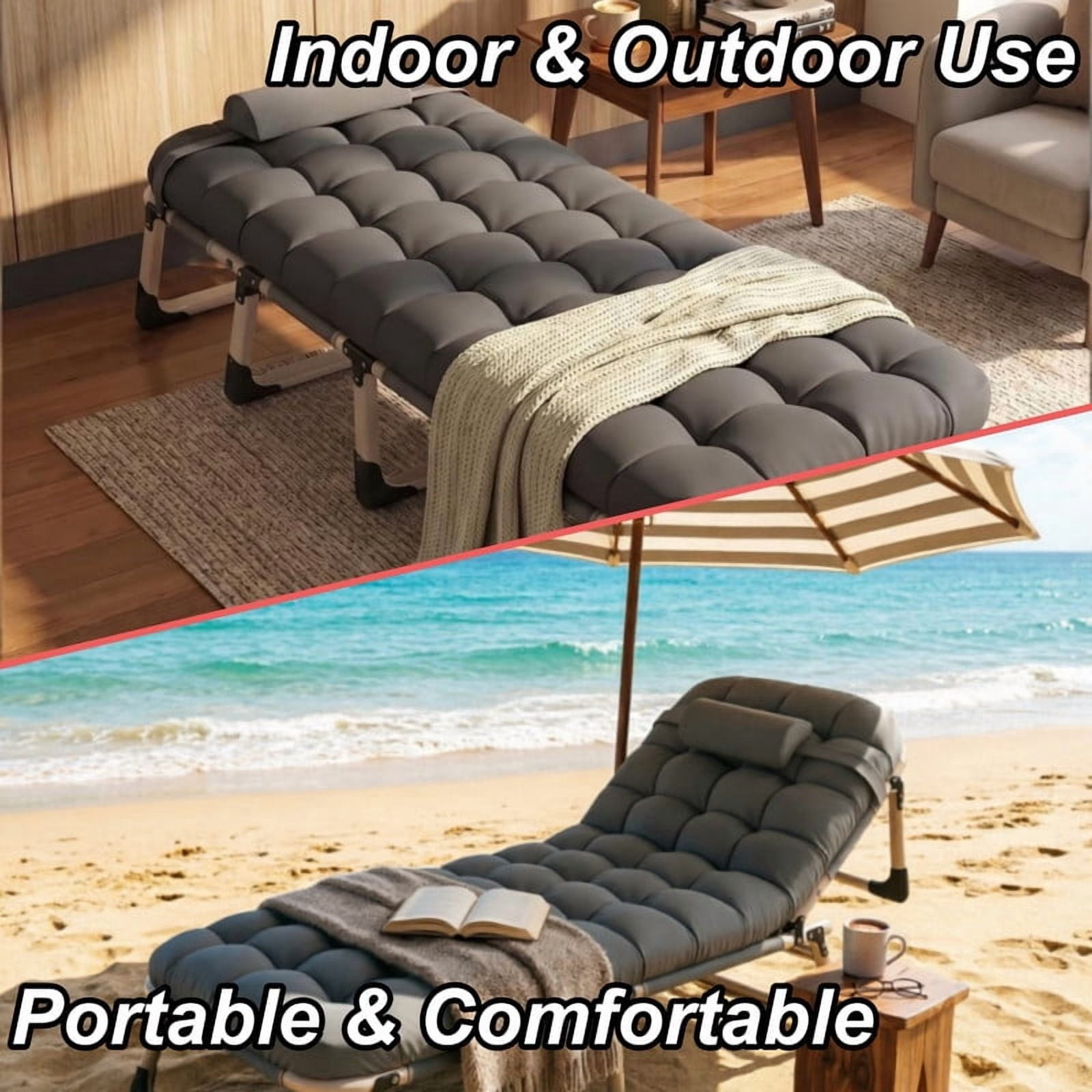 Heavy-Duty Folding Bed Frame with Adjustable Backrest, Portable Camping Cot, Indoor/Outdoor Daybed with Removable Pad