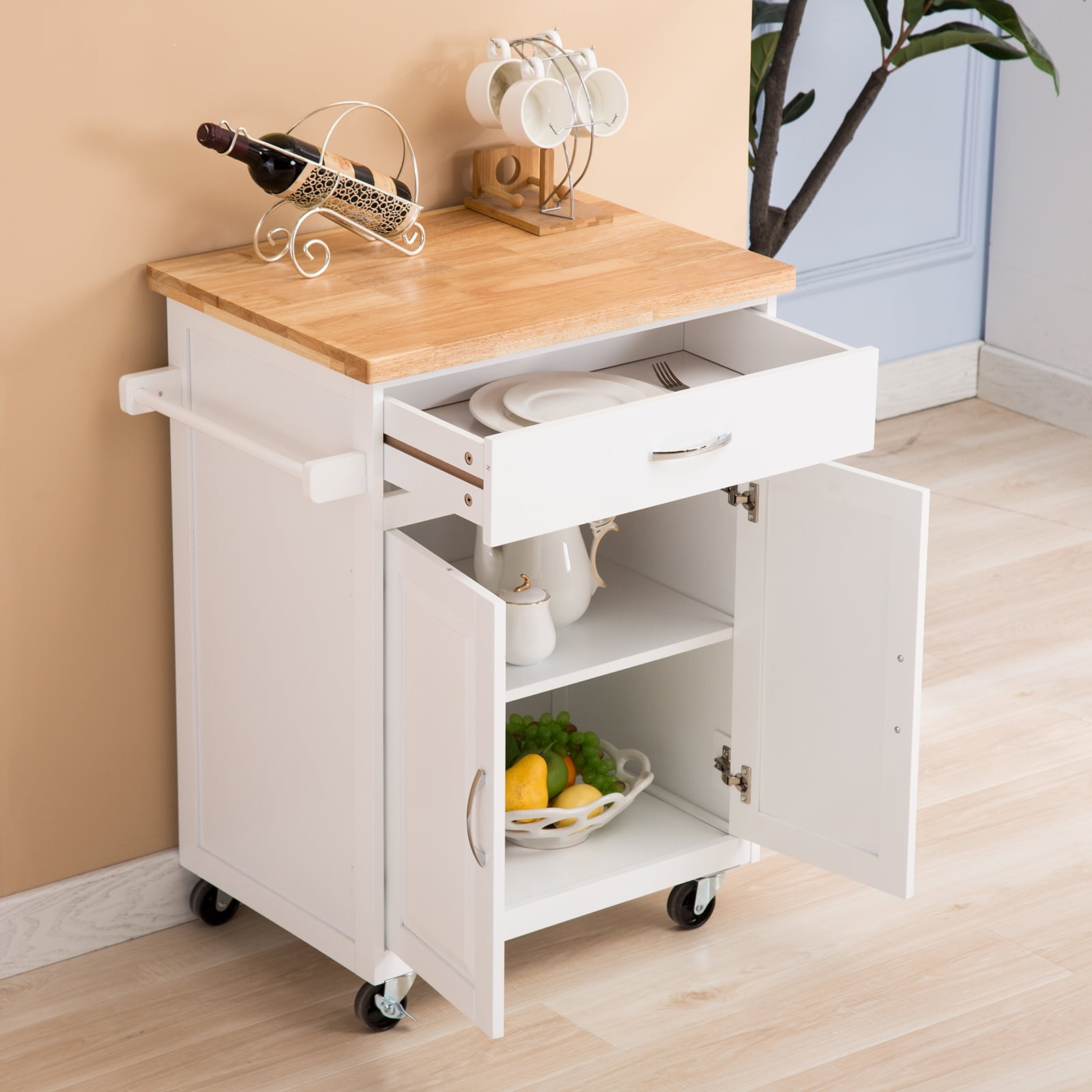 Kitchen Island Cart Trolley with Towel Rack and Spice Rack and Food