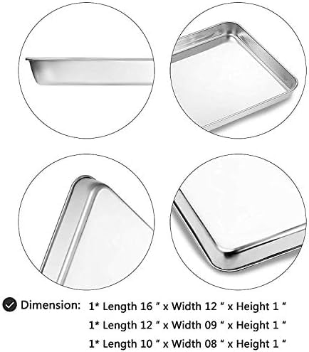Cookie Sheet Baking Sheet Set of 3,  Commercial Grade Stainless Steel Baking Pan, Professional Bakeware Oven Tray, Healthy & Non-toxic, Rust Free & Mirror Finish, Easy Clean & Dishwasher Safe