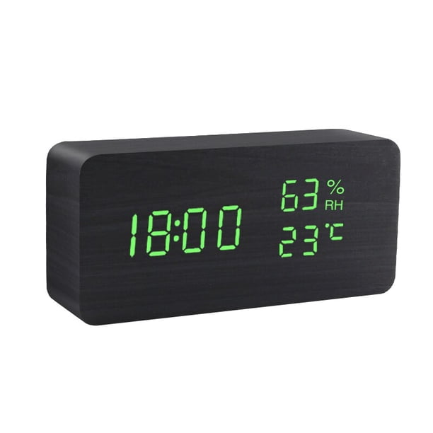Reloj despertador Digital LED de madera alimentado por USB/AAA, reloj de mesa con temperatura, humedad, Control de voz, Snooze, relojes electrónicos de escritorio