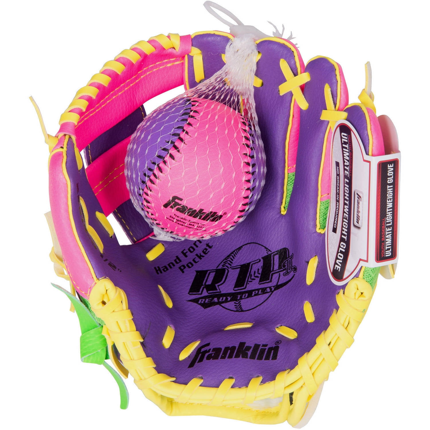 Franklin Sports 9.5" Tee Ball Recreational Glove with Ball, Purple Lime Yellow, Right-Handed Thrower by Franklin Sports