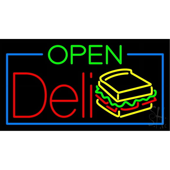 Yellow Open Deli LED Neon Sign 13 x 24 - inches, Clear Edge Cut Acrylic Backing, with Dimmer - Bright and Premium built indoor LED Neon Sign for restaurant window and interior decor.