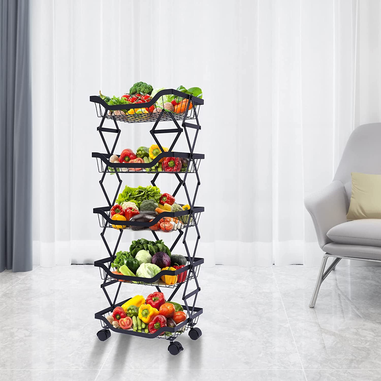DENEST 5 Tier Rolling Cart Folding Shelf Kitchen Basket Rack Storage
