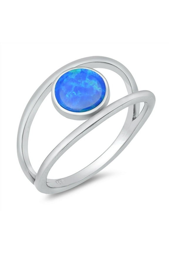 Blue Simulated Opal Split Shank Band Ring Sterling Silver Size 5