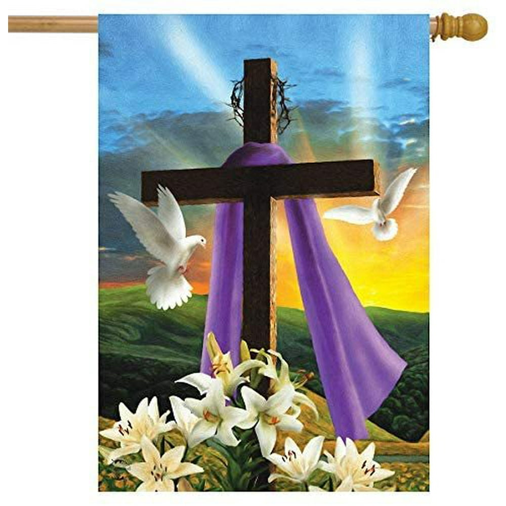 Easter Sunrise Religious House Flag Vertical Double Sided Cross Doves