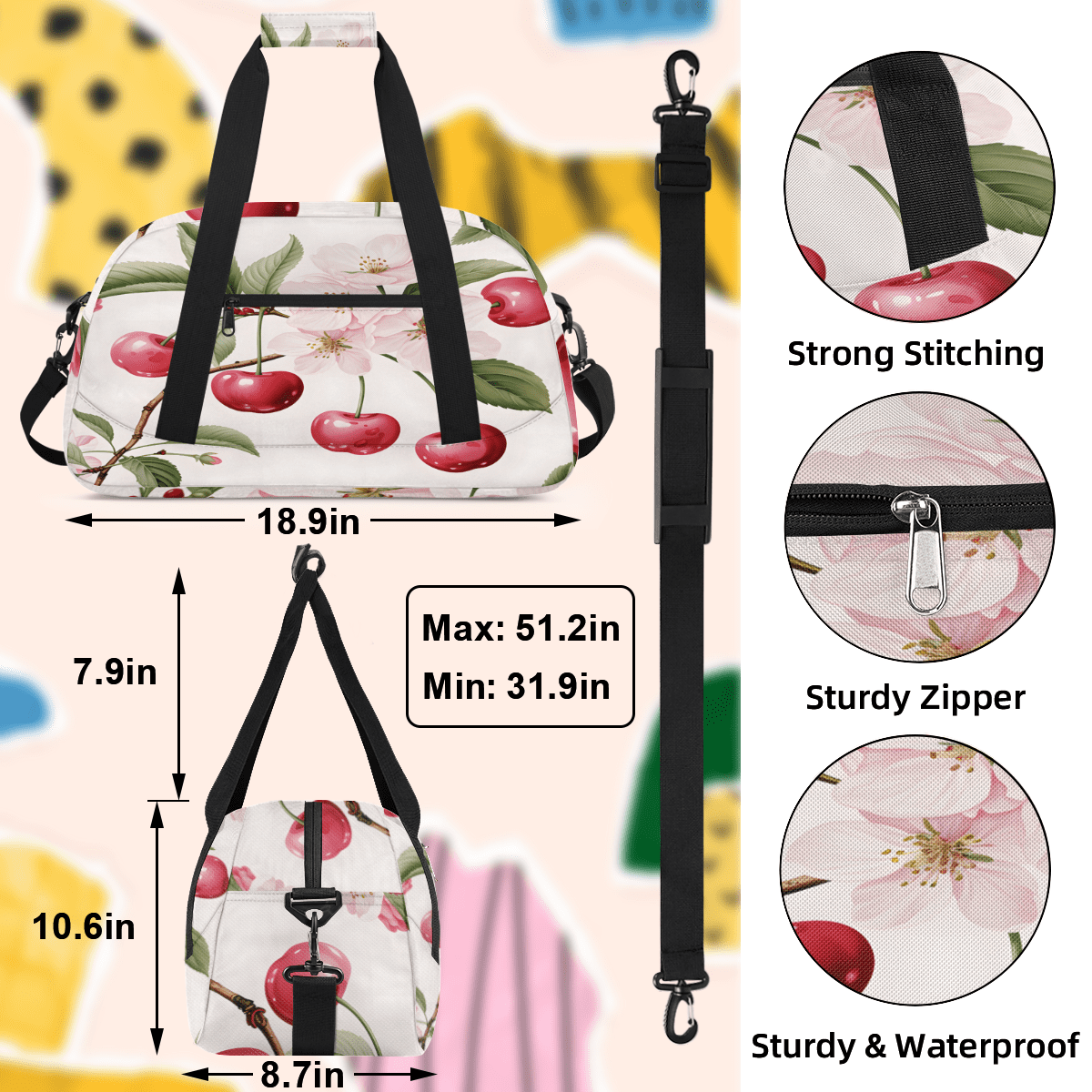 Herdesigns Pink Fruit Sports Duffle Bag for Women & Men, Fruit Print Gym Bag Dance Bag Overnight Bag Carry On Weekender Travel Bag