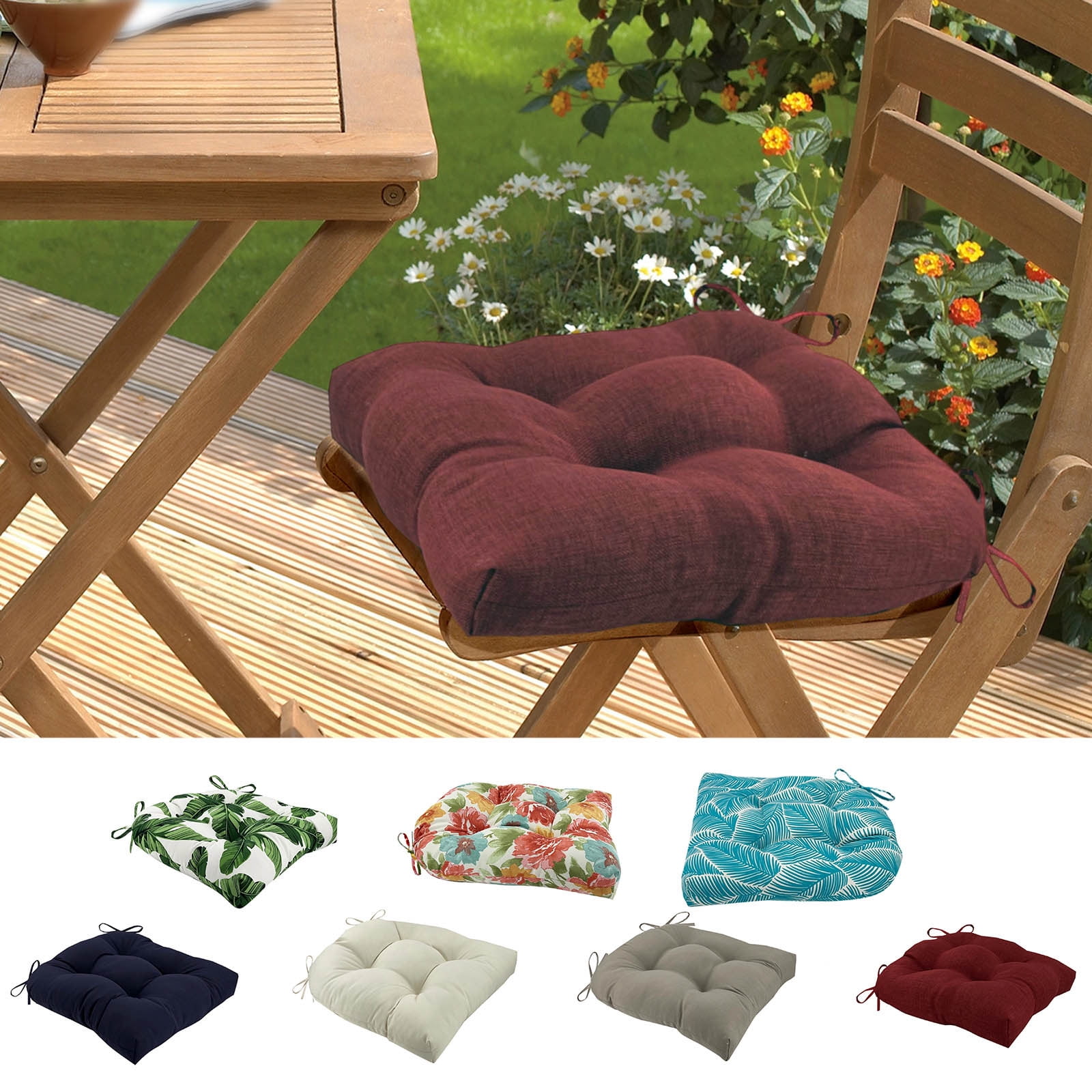 Outdoor Chair Cushions Set of 2 with Ties, 19x19 Inch Waterproof Patio Seat Cushions, Tufted High-Density Foam Pads for Garden Furniture, Indoor/Outdoor Use for Patio, Kitchen, Office