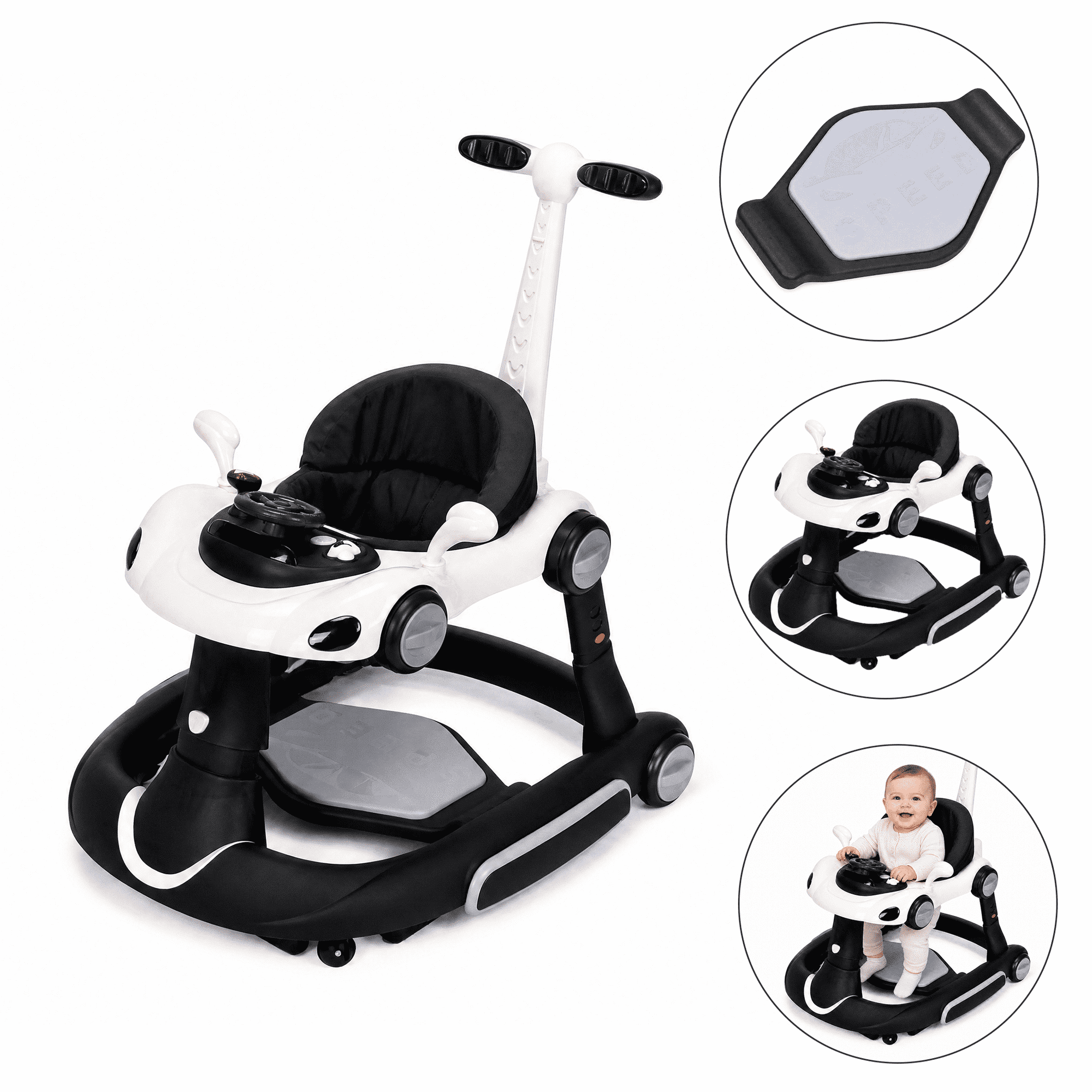 5-In-1 Baby Walkers with Wheels, Activity Walker for Boys Girls 6-18 Months, Music, Light, Heights Adjustable, Foldable,forToddler Infant,Black