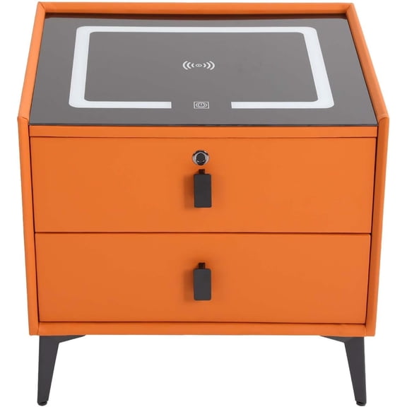 Smart Nightstand with Fingerprint Lock Drawer Wireless Charging Station USB Port Nightstand with 3 Color LED Lights and Speaker Modern Wooden End Side Table 2 Drawers (Orange)