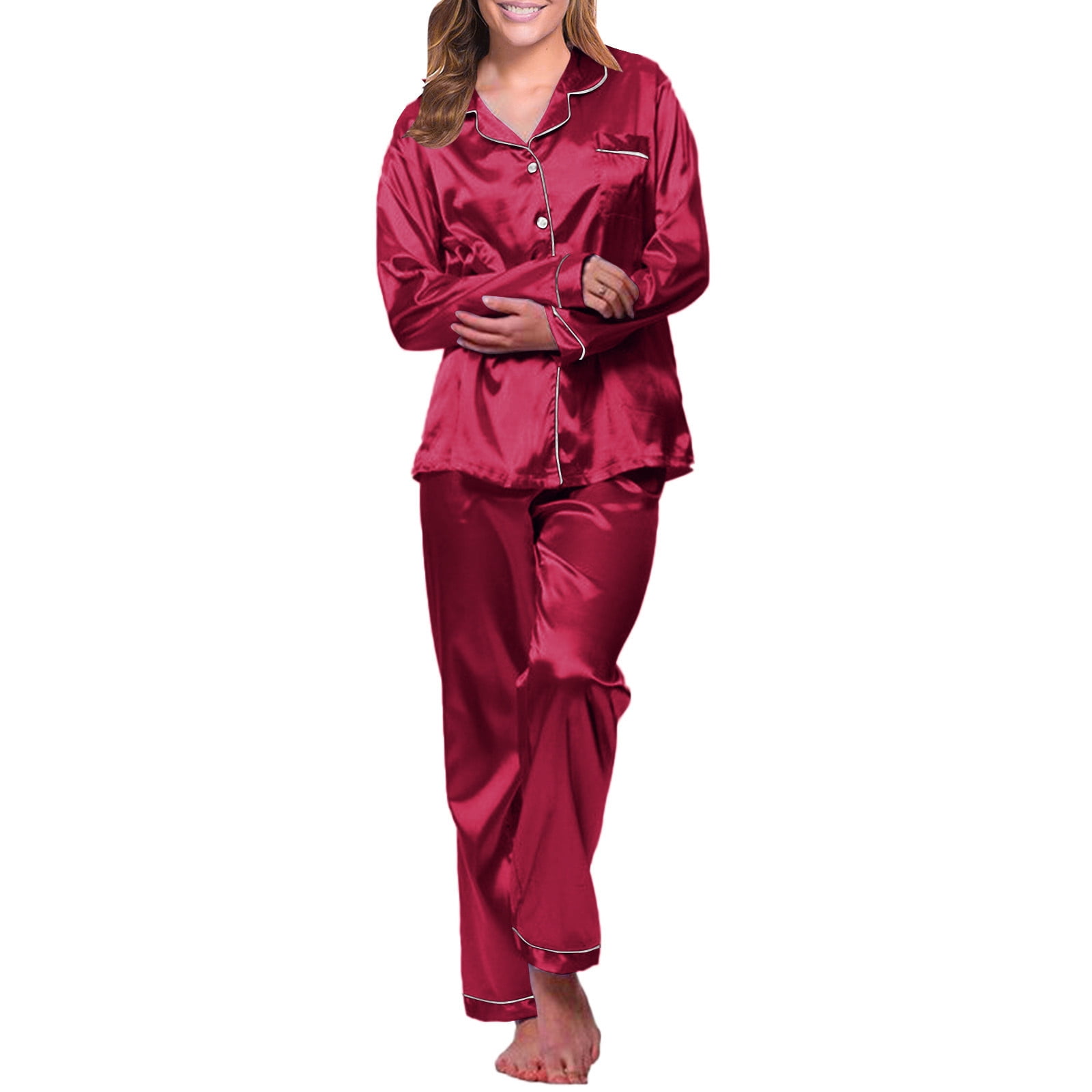 Ladies red silk pajamas sale
