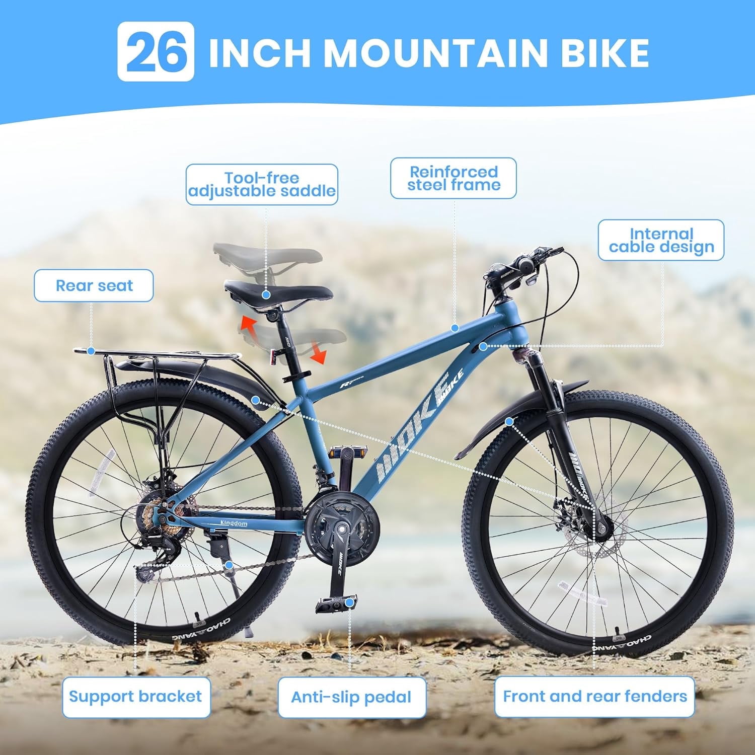 26 Inch Mountain Bike for Men, NEORIVERE 21-Speed Men's Mountain Bike with Suspension Fork, Dual Disc Brakes, Rear Rack & Internal Cable