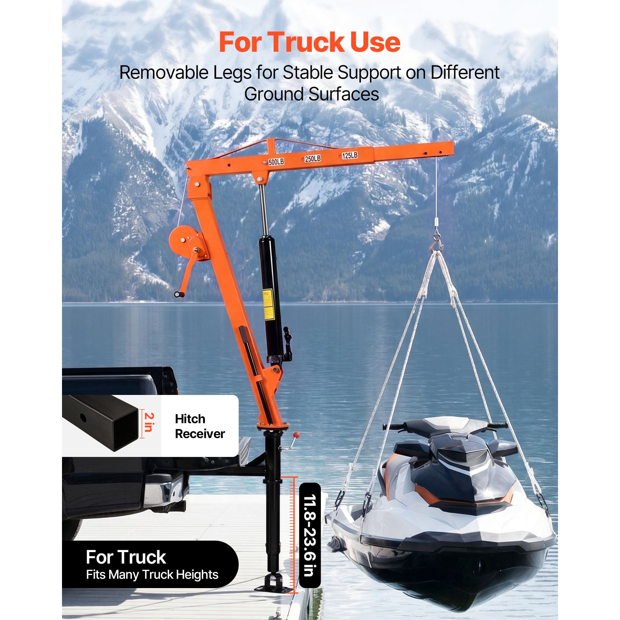 KFFKFF Truck Crane, 500 lbs Capacity, Hitch-Mounted with Manual Winch & Hydraulic Jack, 360° Rotating Telescopic Boom, Foldable Design for Lifting Machinery and Lumber