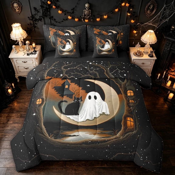 Feelyou Boho Ghost Cat Twin Bedding, Spooky Halloween Moon Starry Sky Bedding Comforter Set, Black Orange, Black Reversible, 7pcs