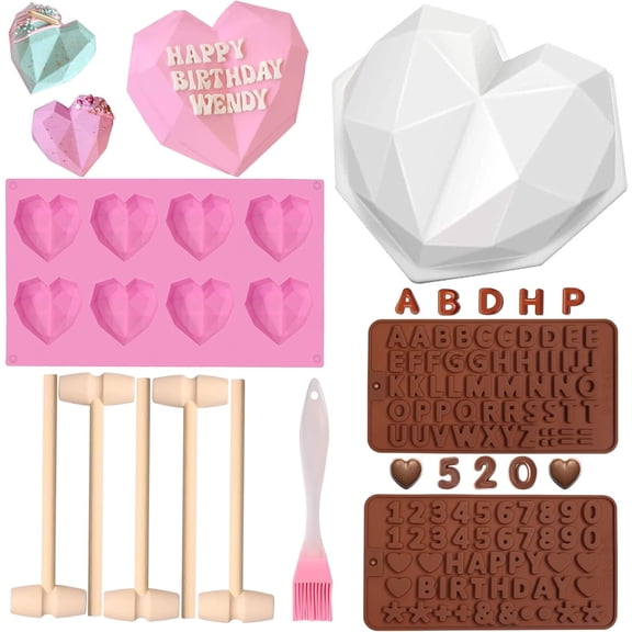 9pcs Chocolate Mold Set, Chocolate Heart Molds, Breakable Heart Mold with Hammer, Number and Letter Molds for Cake Decoration Candy Making