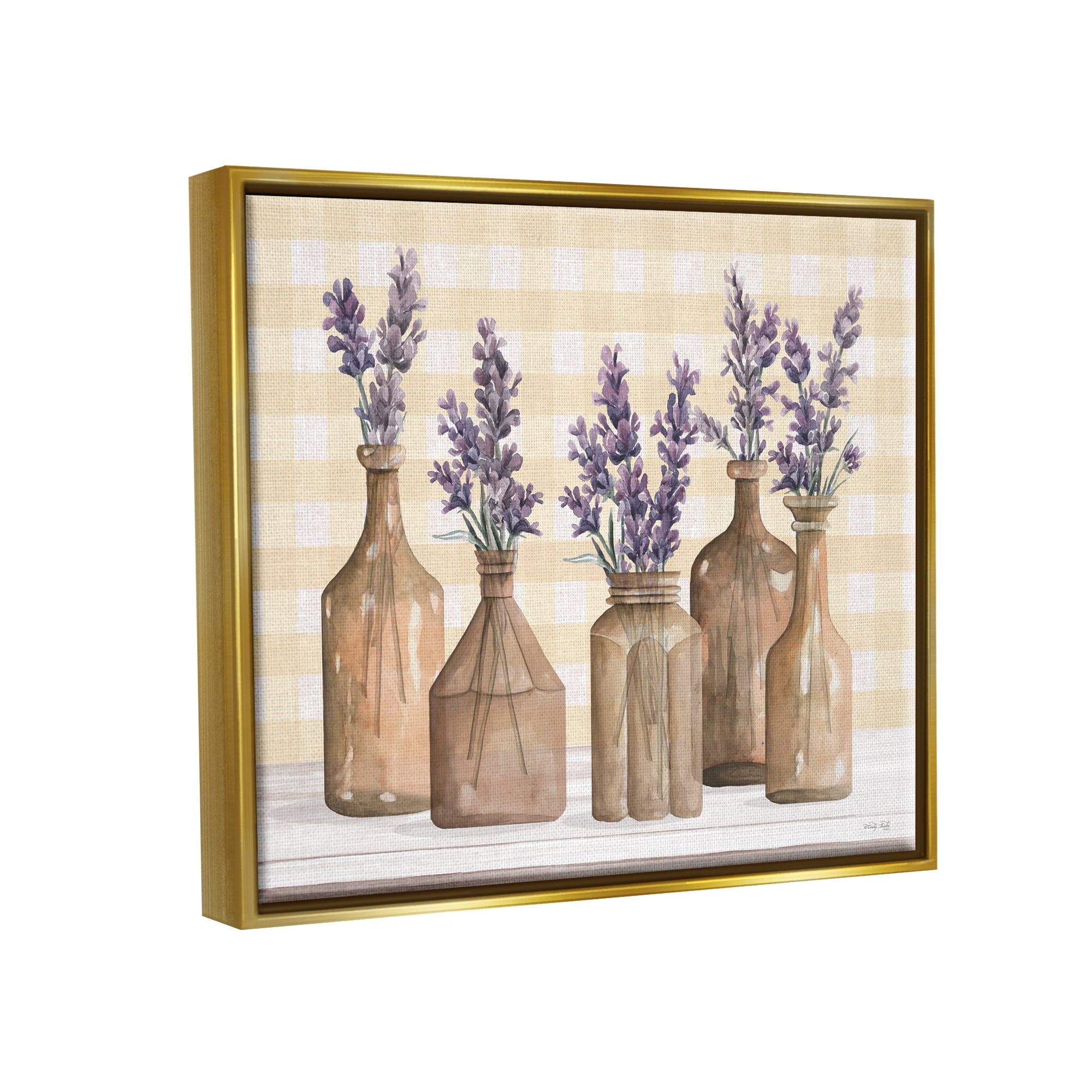 Stupell Country Gingham Lavender Sprigs Botanical & Floral Painting Gold Floater Framed Art Print Wall Art