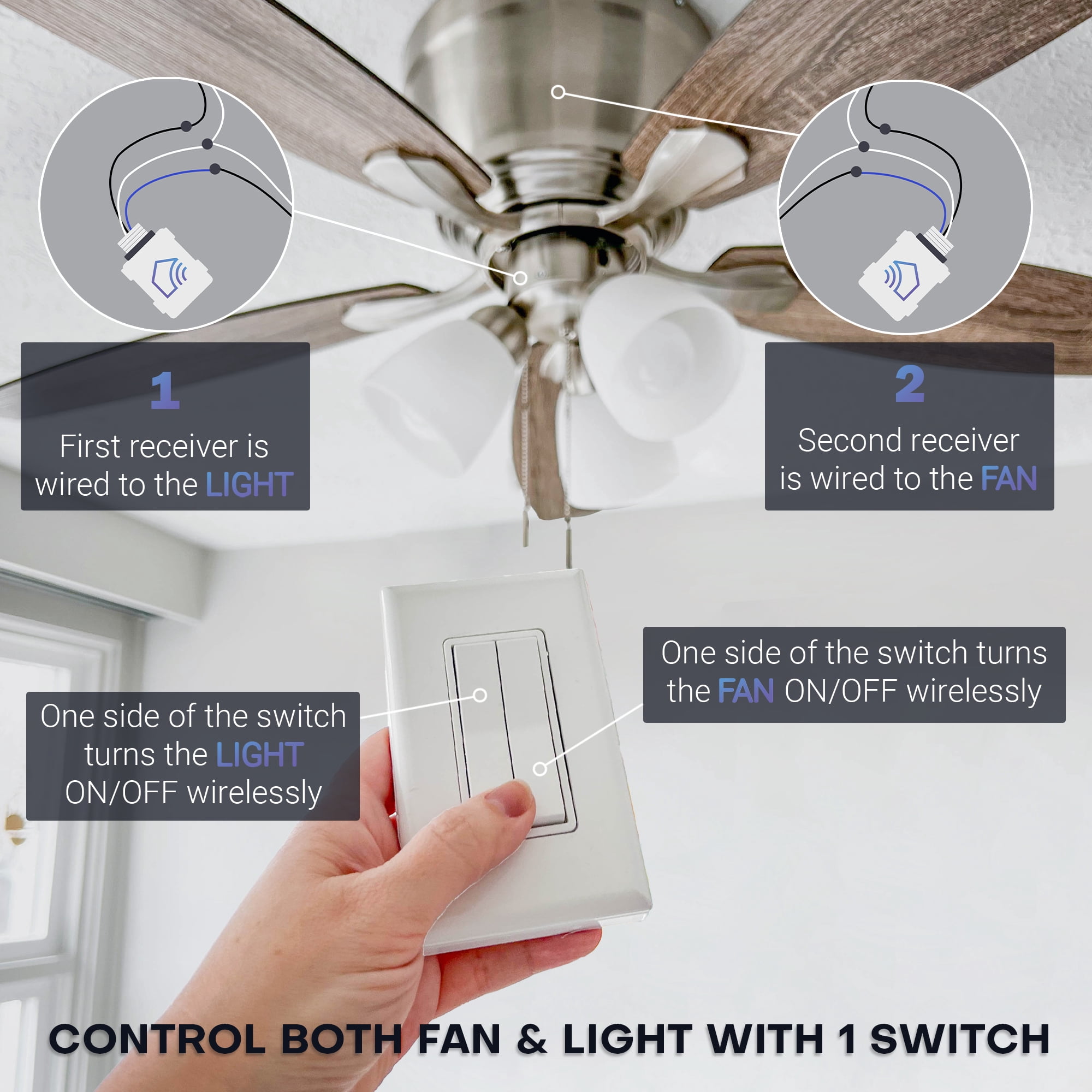 RunLessWire Fan & Light On/Off Wireless Battery-Free Remote Light Switch Kit 150ft Range – Brown