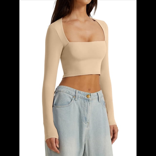 Top Corto Básico Informal Ajustado con Doble Forro, Cuello Cuadrado y Larga para Mujer Crema M