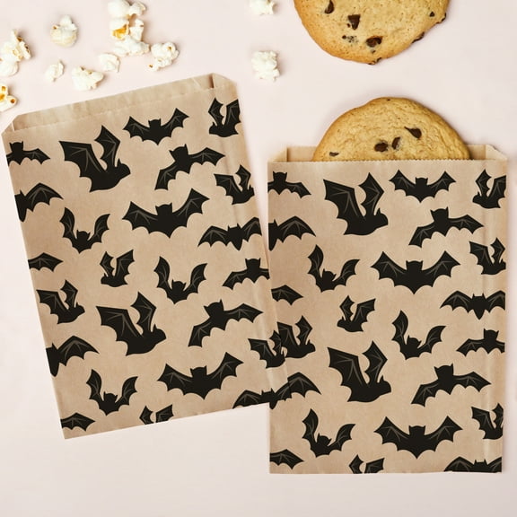 Big Dot of Happiness Black Bats Kraft Brown Paper Treat Bags, Halloween Individual Candy Snack Favors, Greaseproof Sandwich Cookie Bags - 25 Count