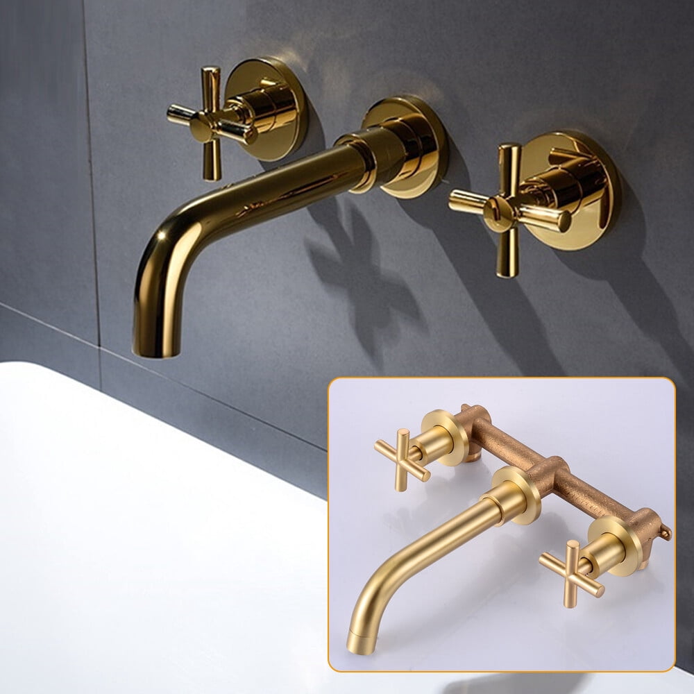 Bathroom Brass Faucet Sink Tub Wall Mounted 3-Hole Dual Handle Mixer Tap
