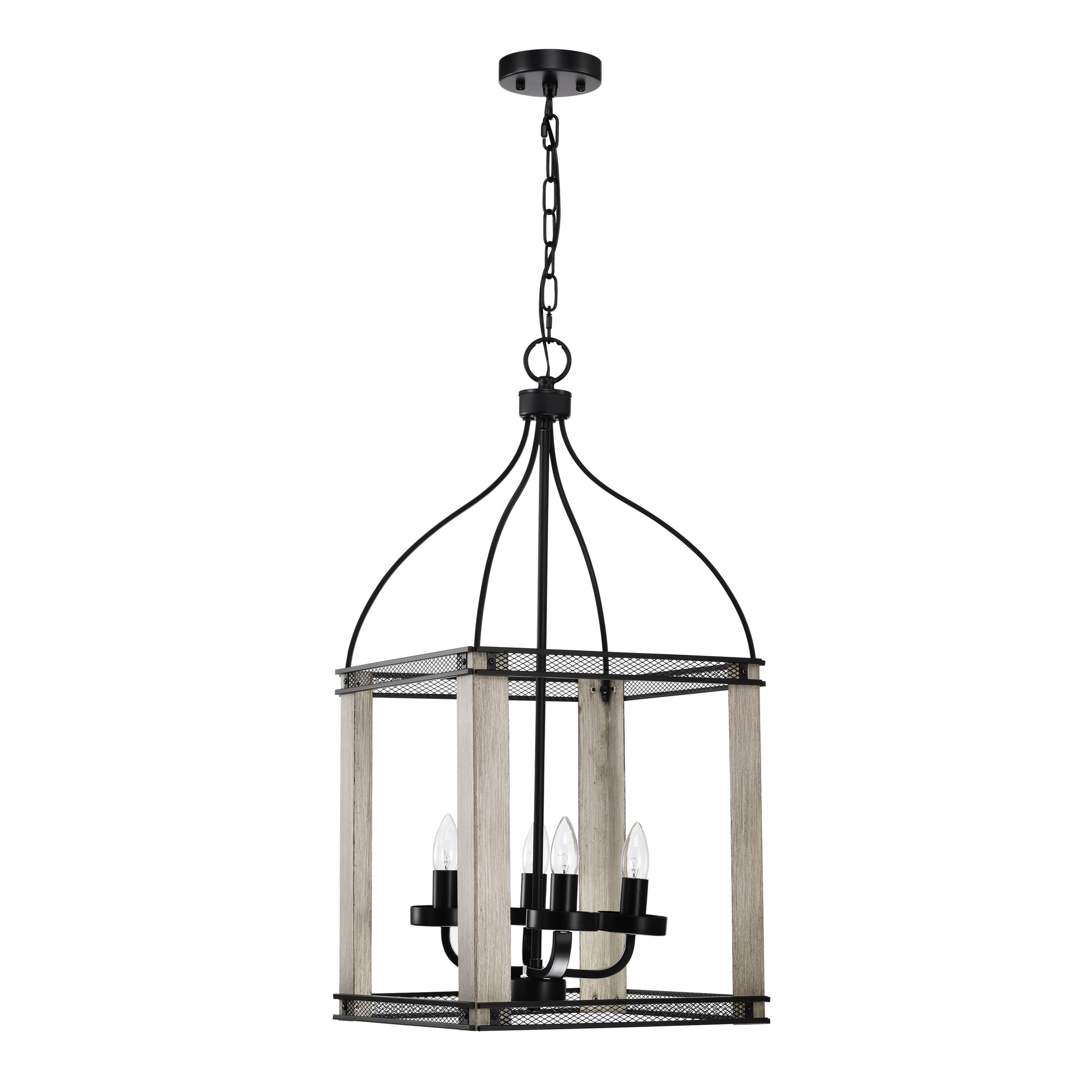 Vander 14 in. 4-Light Indoor Matte Black and Faux Wood Grain Finish Chandelier with Light Kit