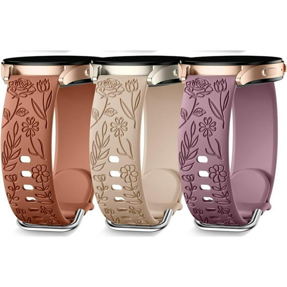 3 Pack Floral Engraved Bands Compatible with Samsung Galaxy Watch 7 Band 6 5 4 Active 2 FE 40mm 44mm/Watch 6/4 Classic/5 Pro/3, 20mm Cute Flower Silicone Sport Strap for Samsung Watch Bands Women
