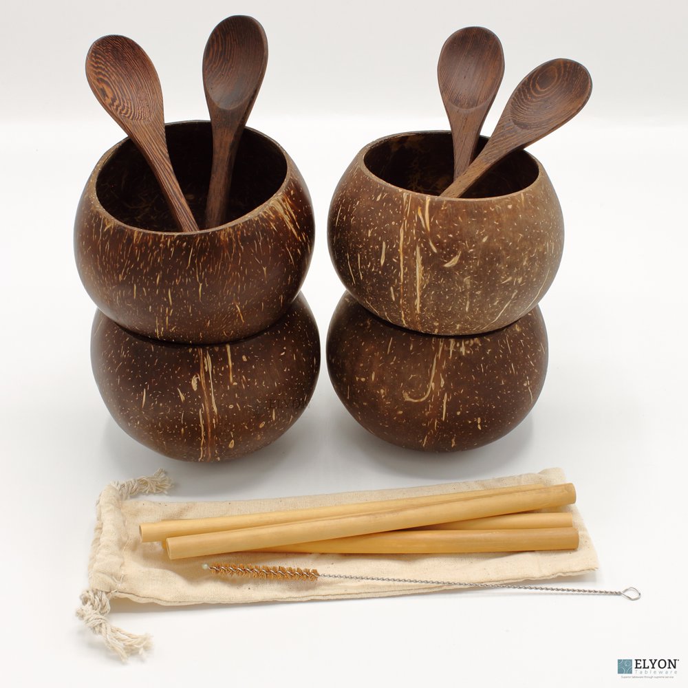 Handcrafted Natural Coconut Bowl, Gift Set of 4 Large Bowls, 4 Wooden Spoons, and 4 Bamboo