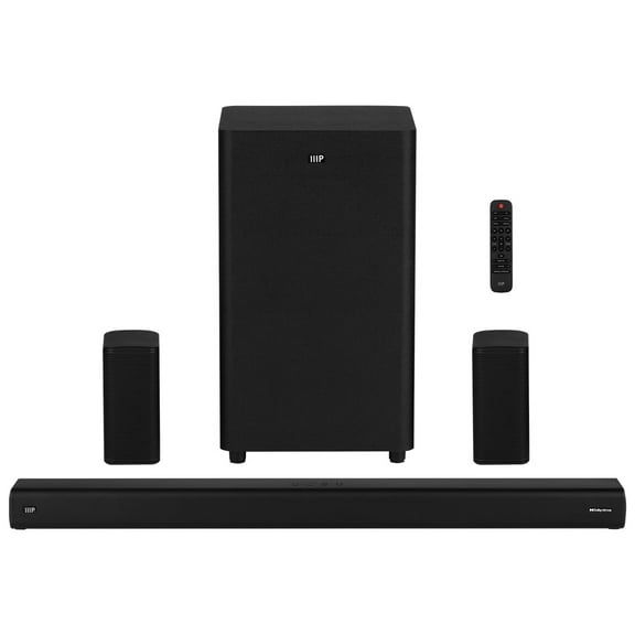 Monoprice SB-600 Dolby Atmos 5.1.2 Soundbar with Wireless Subwoofer & Wireless Satellite Speakers, HDMI Inputs, eArc, Bluetooth, Toslink, Coax, Remote