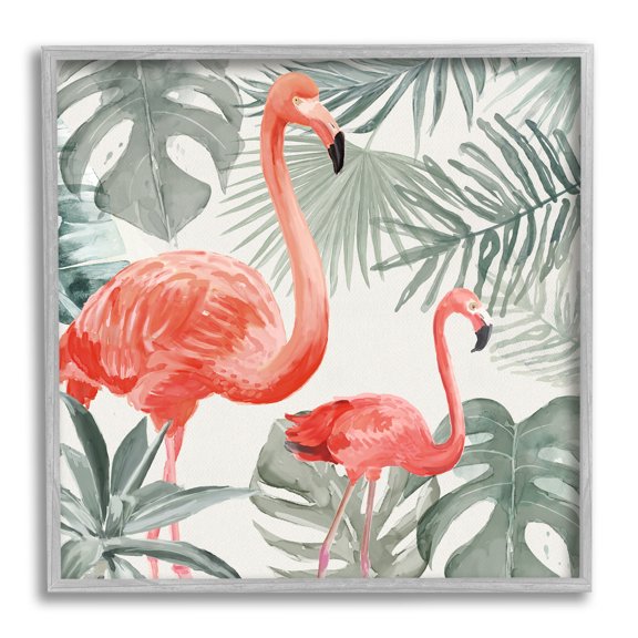 Tropical Flamingo Family Pink Birds Monstera Palm Leaves Animals & Insects Painting Framed Art Print Wall Art