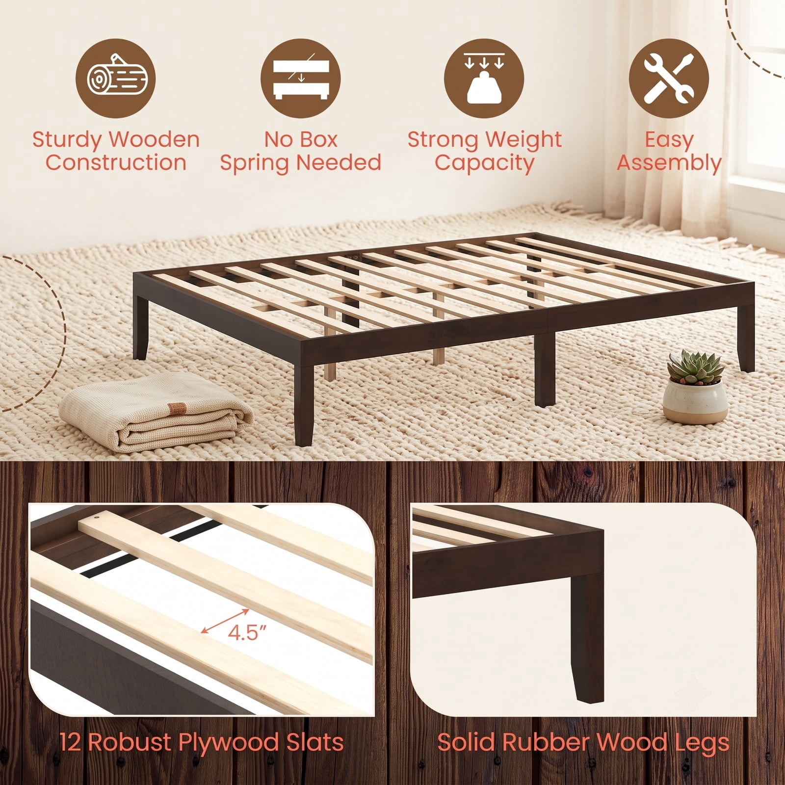 Furnibear Queen Size Bed Frame, Wood Platform Bed Frame with Slat Support and Rubber Wood Legs, Low Profile Queen Platform Bed No Box Spring, Espresso