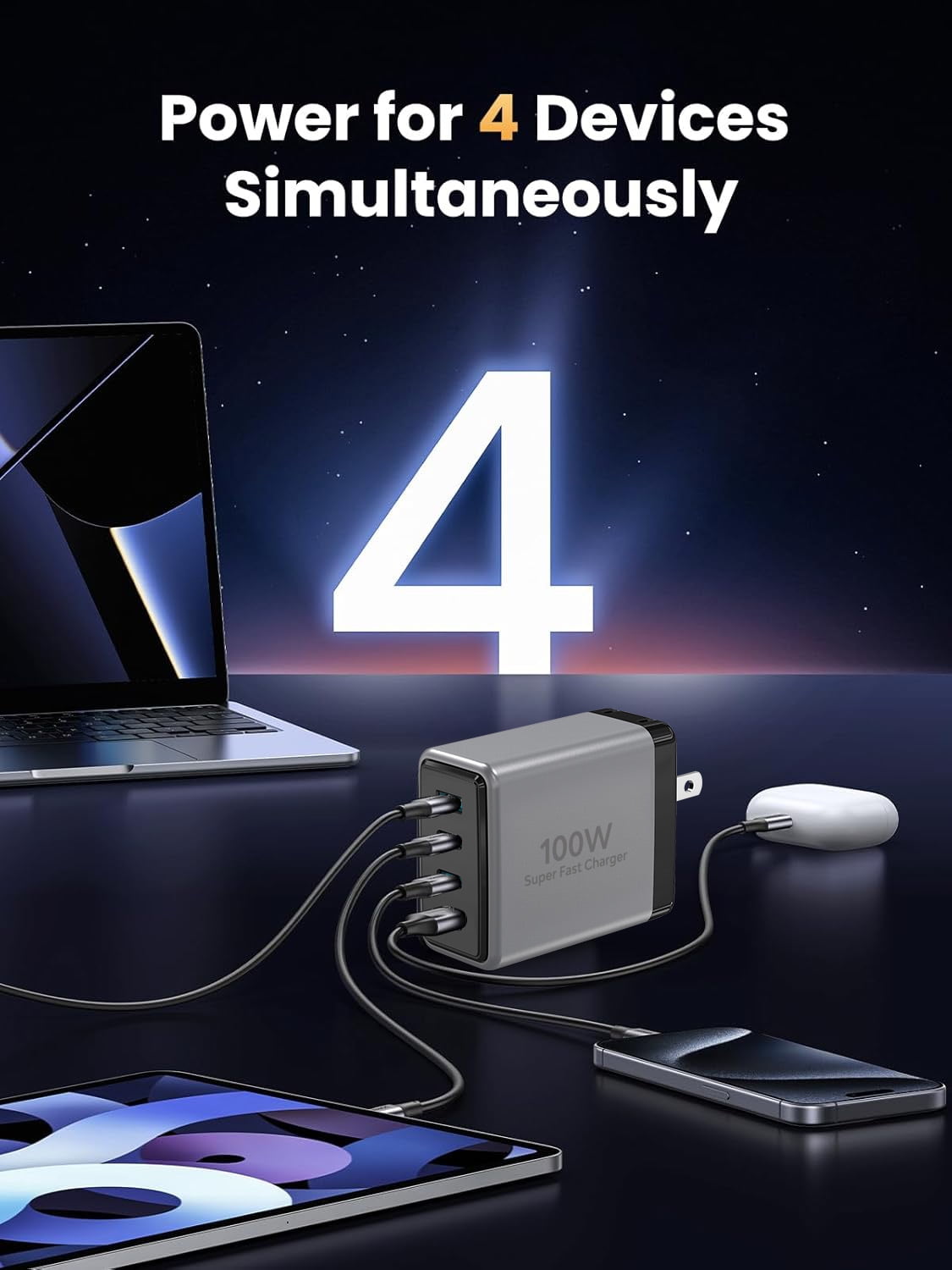 USB C Charger Black 100W, 4 Ports GaN Charger Fast Charging Station Foldable Compact Wall Charging Power Adapter for MacBook Pro/Air, Dell XPS, iPad Pro, iPhone 16/15/14/13/12, Galaxy S24, and More
