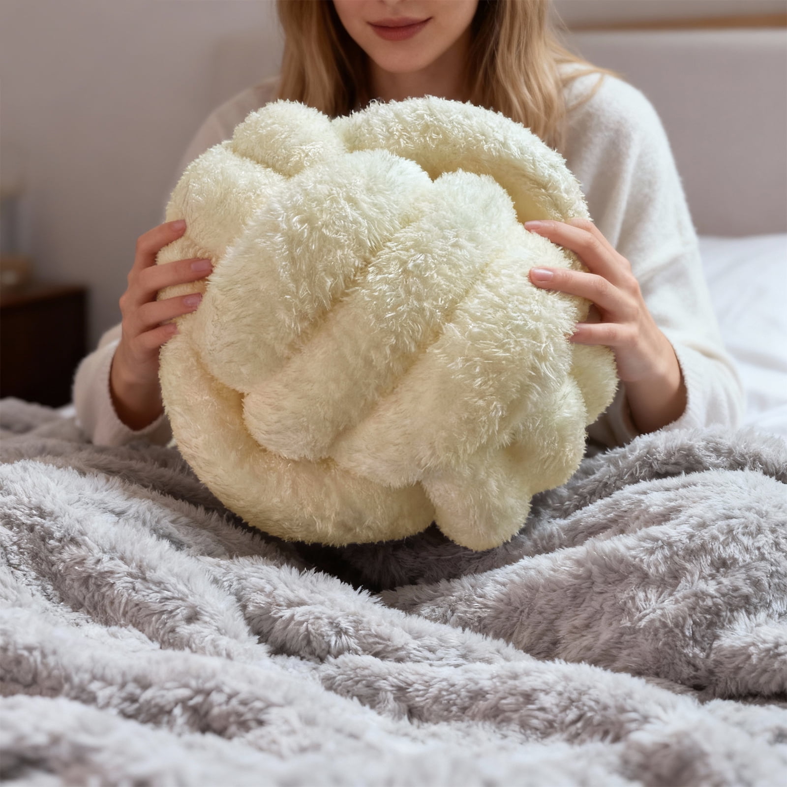 Knot Pillow Ball Plush - Decorative Throw Pillows for Bed Stress Relief, Round Knot Cushion for Sofa Decor Pet Toy, Cream 12 Inch
