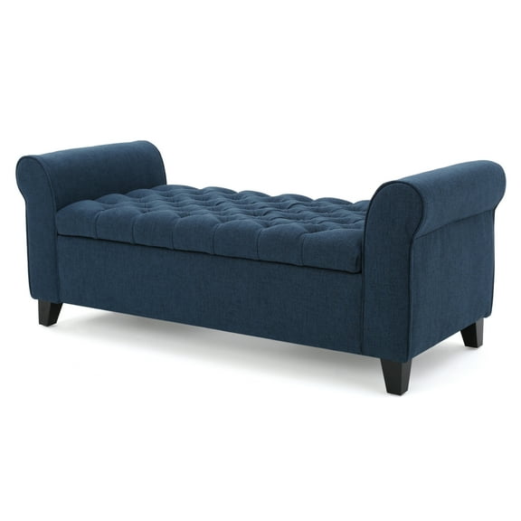 Charlemagne Contemporary Rolled Arm Fabric Storage Ottoman Bench, Dark Blue and Dark Brown