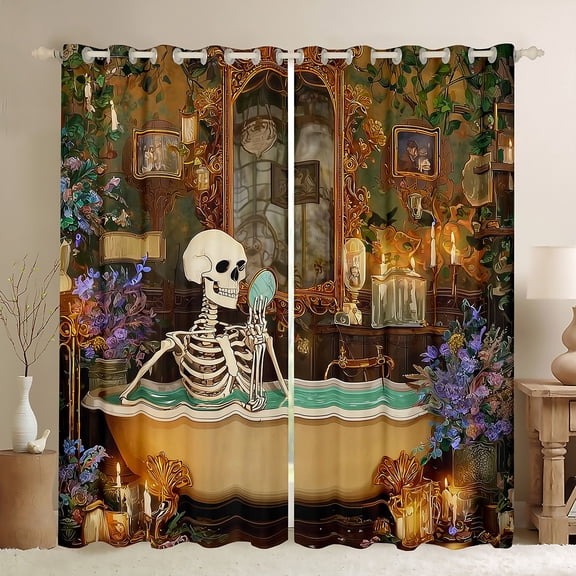 Manfei Funny Skeleton Black Out Curtains for Adult, Bohemian Damask Curtains Pack of 2 (42x63 Each), Retro Western Halloween Bedroom Curtains, Curtains and Drapes Bedroom Decor