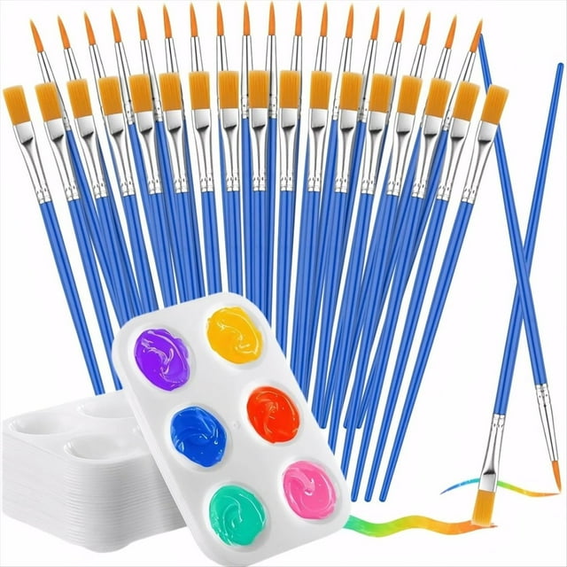 30 Pinceles Pequeños A Granel y 10 Paletas (15 Pinceles Planos y 15 Pinceles Puntiagudos) para Pintura Al Óleo, Acrílica y Acuarela.