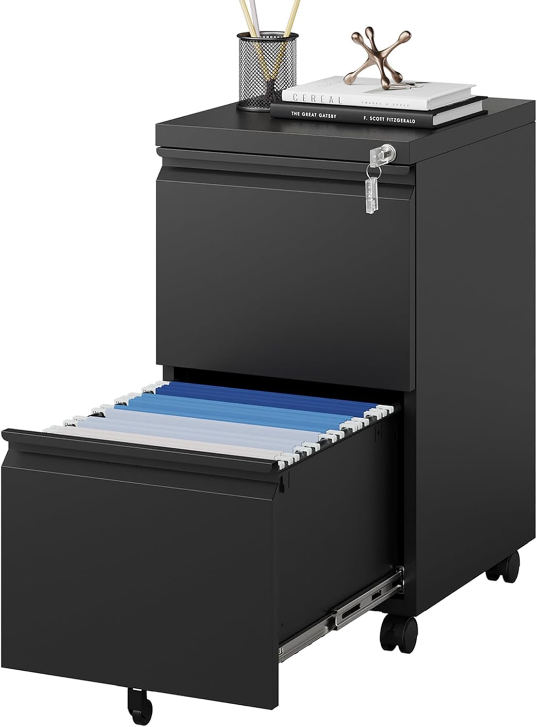 White Filing Cabinet 3 Drawers on Wheels Under Desk, Metal Rolling File Cabinet with Lock for Home Office, Small Mobile File Cabinet for Letter Legal File Folders, Un-Assembled