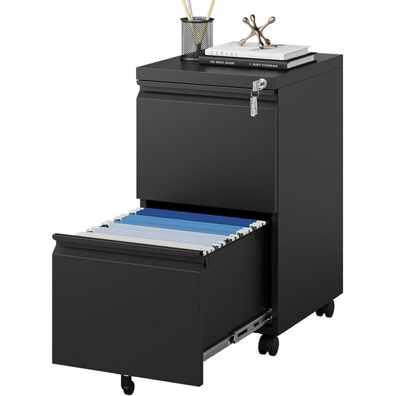 2 Drawer File Cabinet on Wheels, Home Office Mobile File Drawers Under Desk, Filing Cabinets with Drawers for Legal/Letter/A4 File Folders(Black),Un-Assembled