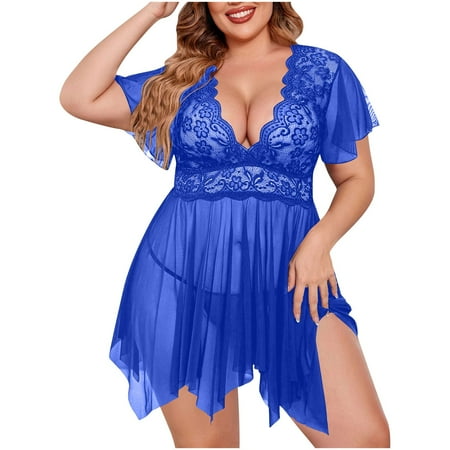Tnhcen 2 Piece Pajamas Set Plus Size Nightdress Women s Lingerie Set Black Sleep Dress with Thongs Set and Lace Sheer Mesh Bralettes