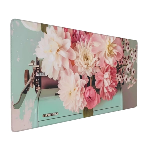 Xecao Vintage Typewriter Floral Print Large Mouse Pad, 16x35.5in Mousepad, Professional Non-Slip Rubber Base Big Mouse Pad, Mouse Pad for Gaming & Office Full Desk Mouse Pad