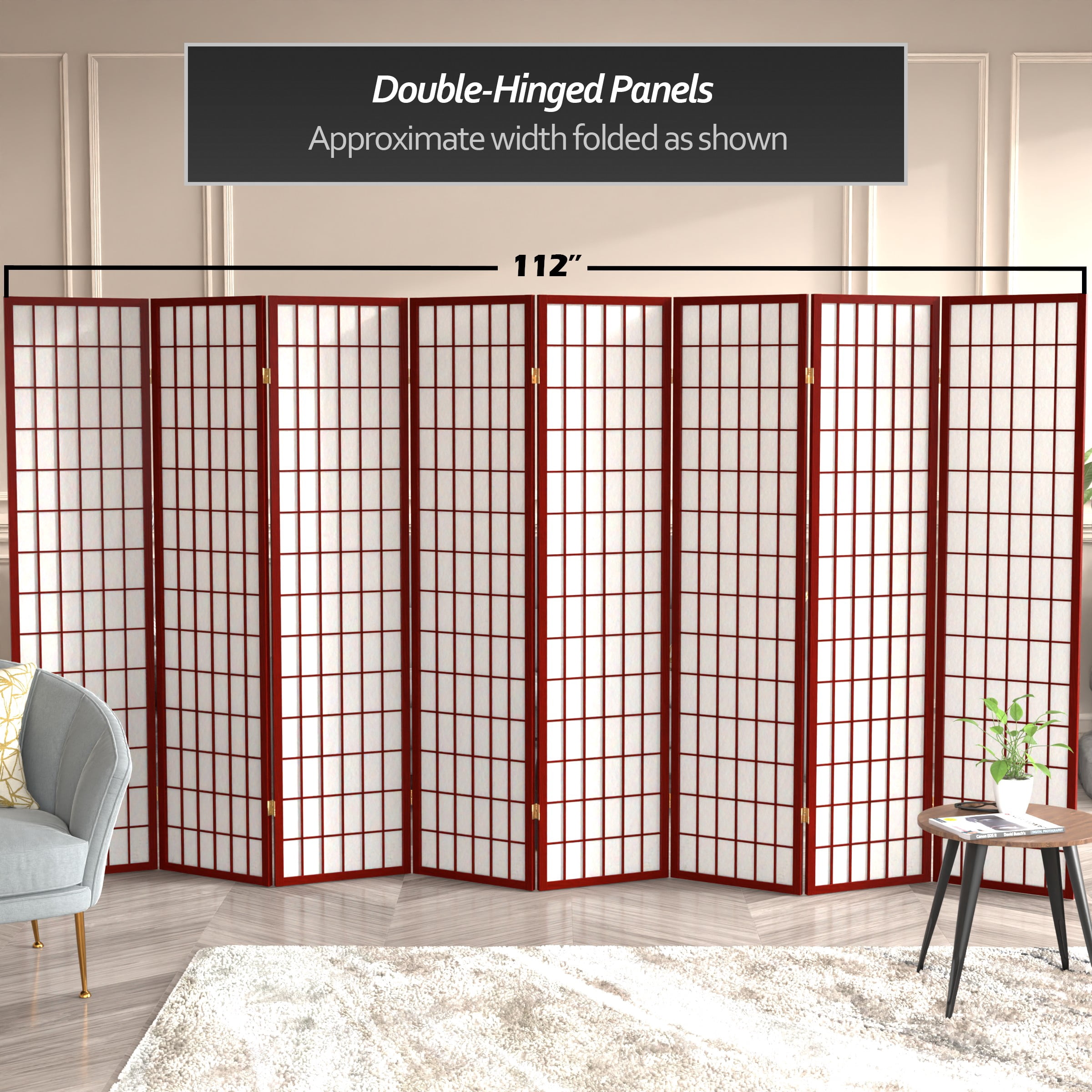 6 ft. Tall Window Pane Shoji Screen - Rosewood - 8 Panels