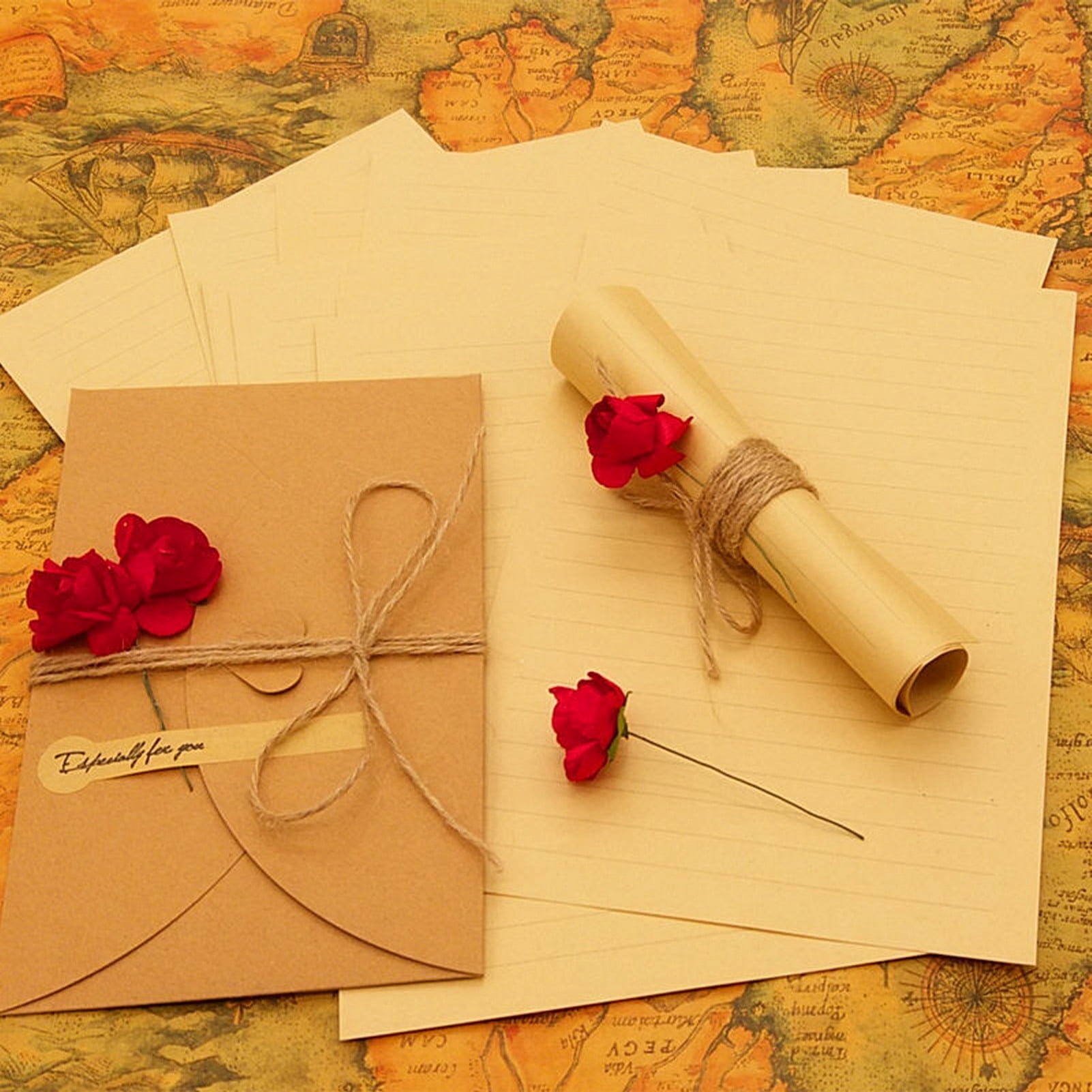 Opvise Letter Paper Envelope Set Romantic Vintage Style with Flowers Decoration Clear Line Smooth Writing Letter Envelopes E